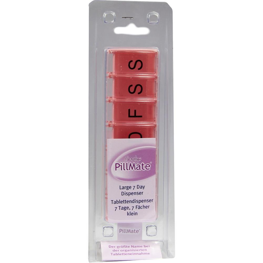 Ein rosa Pillen-Dispenser für sieben Tage ist in Plastikverpackung.